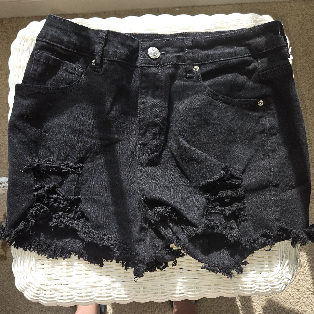 Black Distressed Denim Shorts